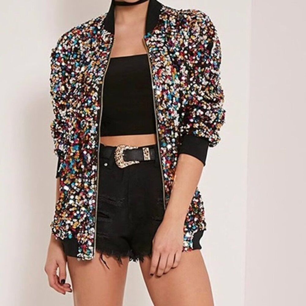 Cresay multi-color sequin zip front bomber jacket, size XL